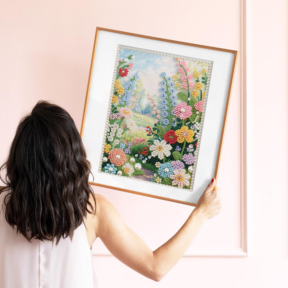 DIADAY 5D DIY Pearl Painting Kit for Adults, Floral Pearl Art with Diamond Special Shape Rhinestones, 3D Relief Beads Craft Home Wall Decor Gift, 12 x 16 Inches
