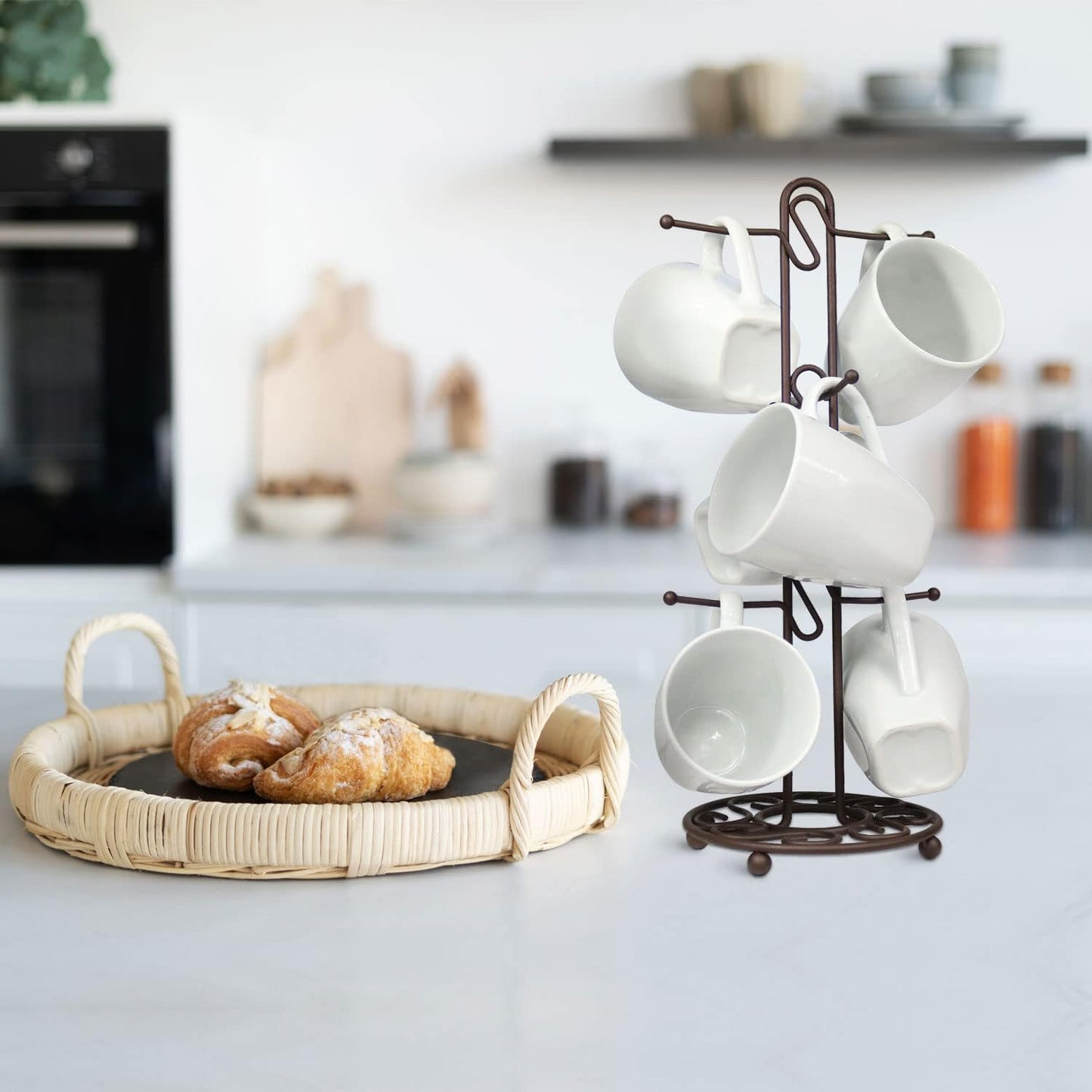 Blue Donuts Farmhouse Coffee Mug Rack, Bronze Coffee Cup Holder for 6 Mugs, Vintage Organizer
