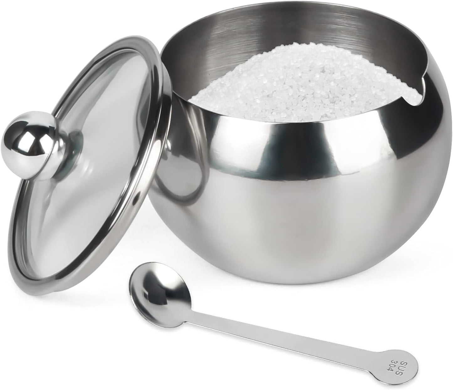 asika Stainless Steel Sugar Bowl with Clear Lid and Spoon, Drum Shape Small Condiment Container for Home, 8.1 Ounces