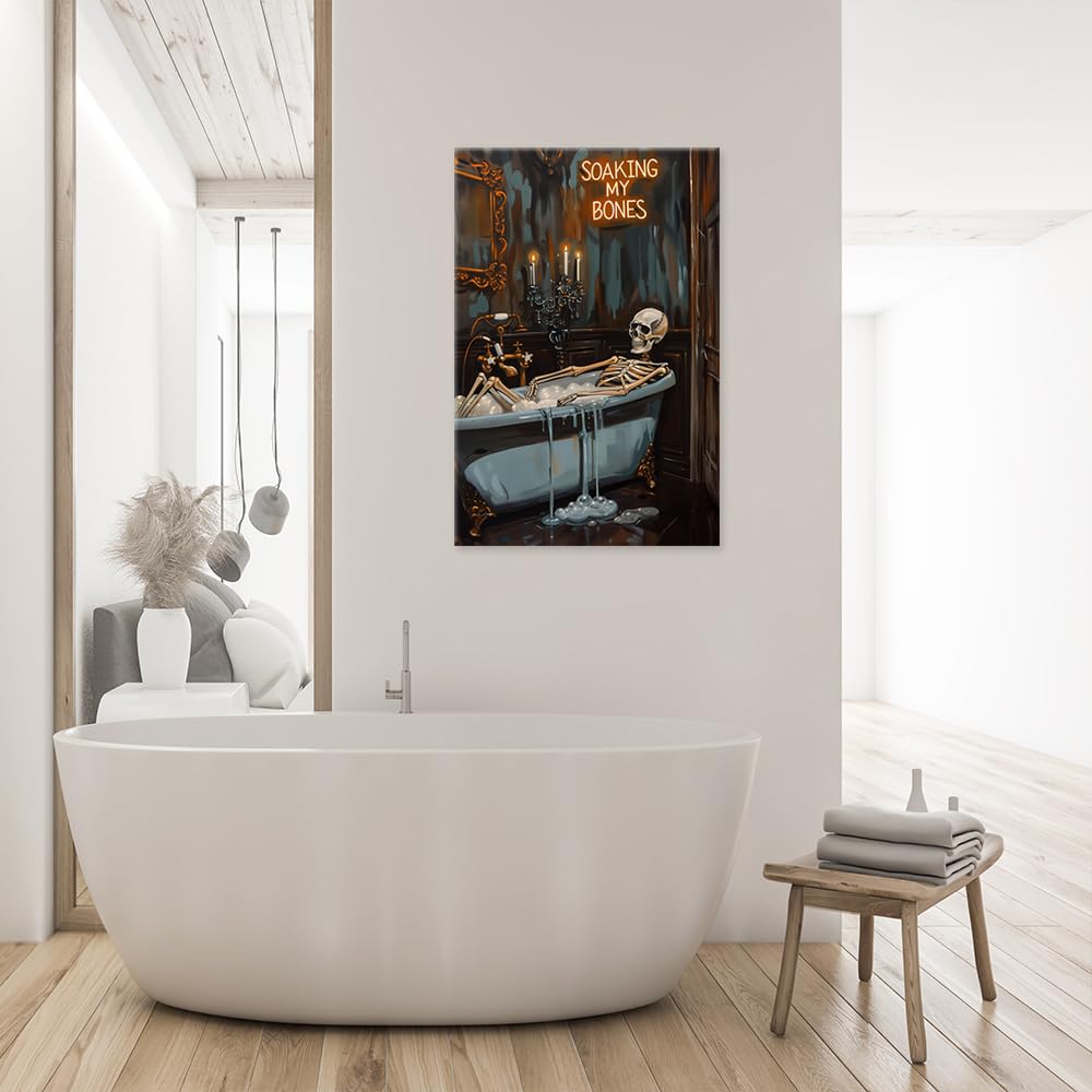 Soaking My Bones Wall Art Horror Halloween Decor Skeleton Bathtub Poster Moody Print Dark Academia Canvas Spooky Gothic Artwork Victorian Painting Bathroom Living 24x36inch Framed