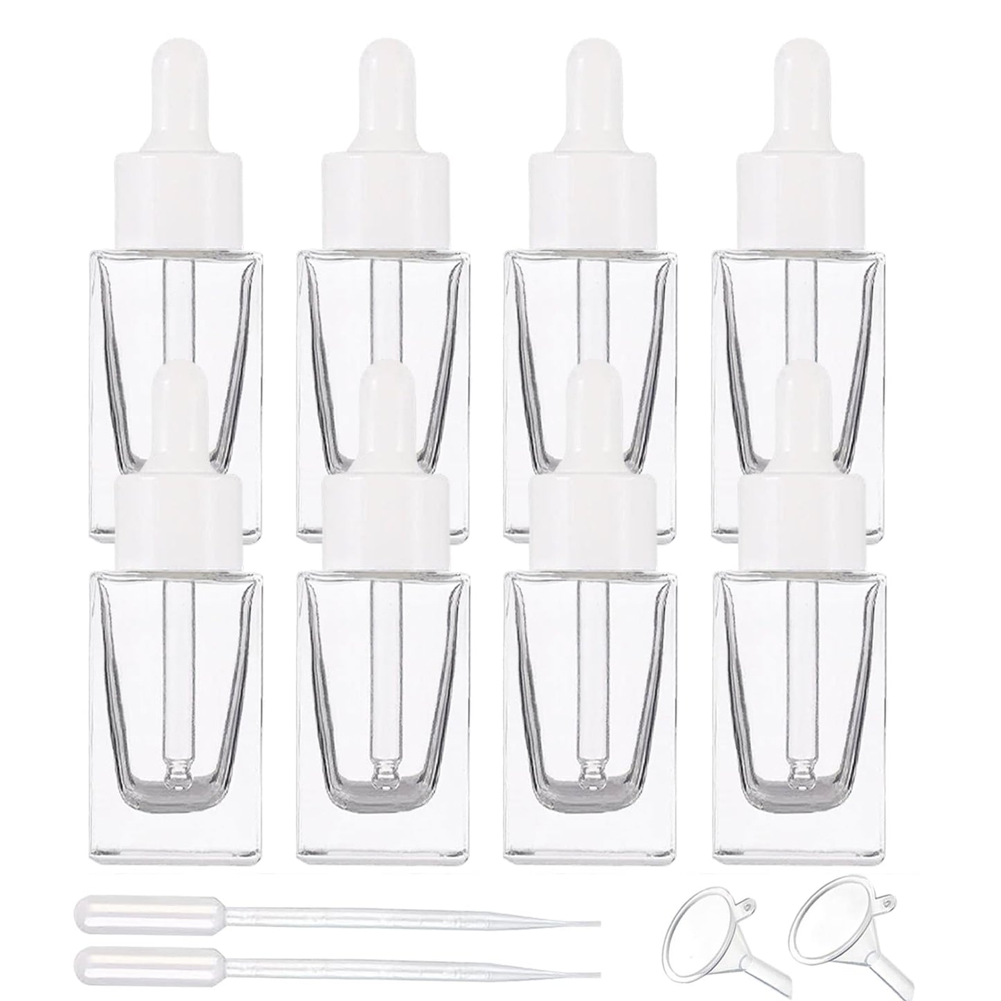 ZSAEYPHE 8 Pack Clear Square Glass Dropper Bottle 30ml Square Glass Essential Oil Bottles Refillable Vial Container for Perfume Travel(Clear-White Lids)