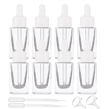 ZSAEYPHE 8 Pack Clear Square Glass Dropper Bottle 30ml Square Glass Essential Oil Bottles Refillable Vial Container for Perfume Travel(Clear-White Lids)