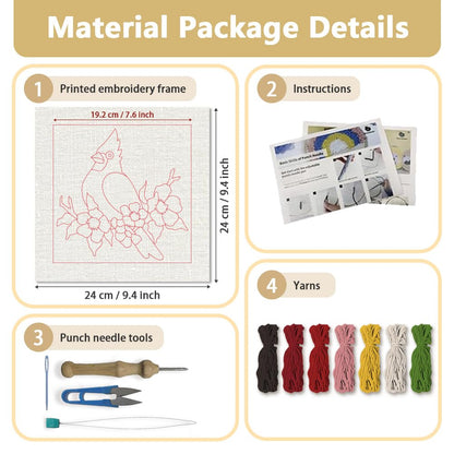 DOODLREAM Cardinal Bird DIY Punch Needle Embroidery Kit for Adult Beginner, 9.4" Bird on The Branch Punch Stitching Craft Set for Starter with Frame, Fabric Pattern, Threader, Yarn, Pinch Needle