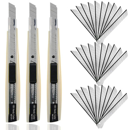 WEKOIL 30Pcs Snap Off Utility Knife Blades with 3 Pcs Delicate 9mm Auto Lock Art Knives Craft Cutters Box Paper Cutters Graphic Knife for Office Home Garage Warehouse,White