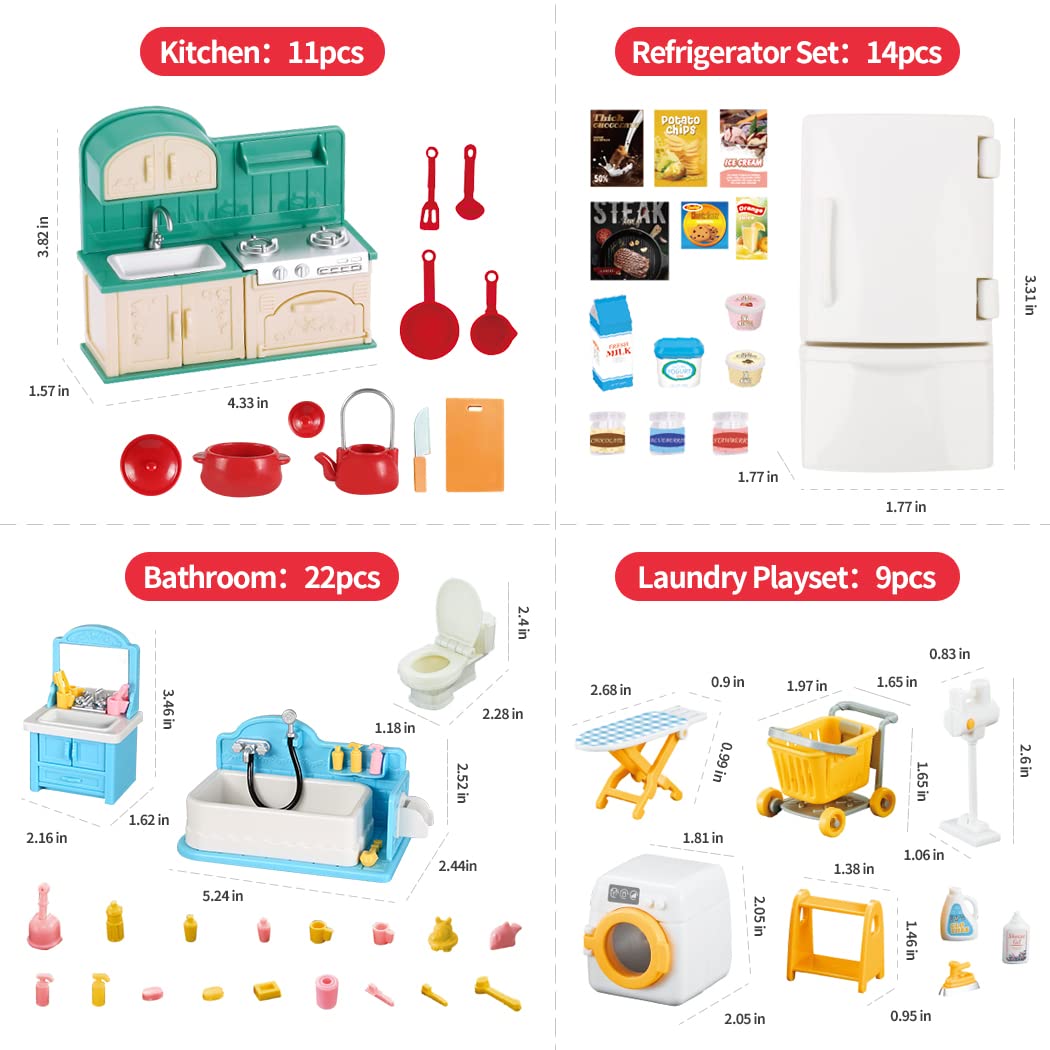 TAKIHON Dollhouse Furniture, Kitchen & Bathroom Toy Set,Fridge Washing Machine Set for Kids,Dollhouse Miniature Accessories,Educational Pretend Play Toys for Toddler,Boys & Girls
