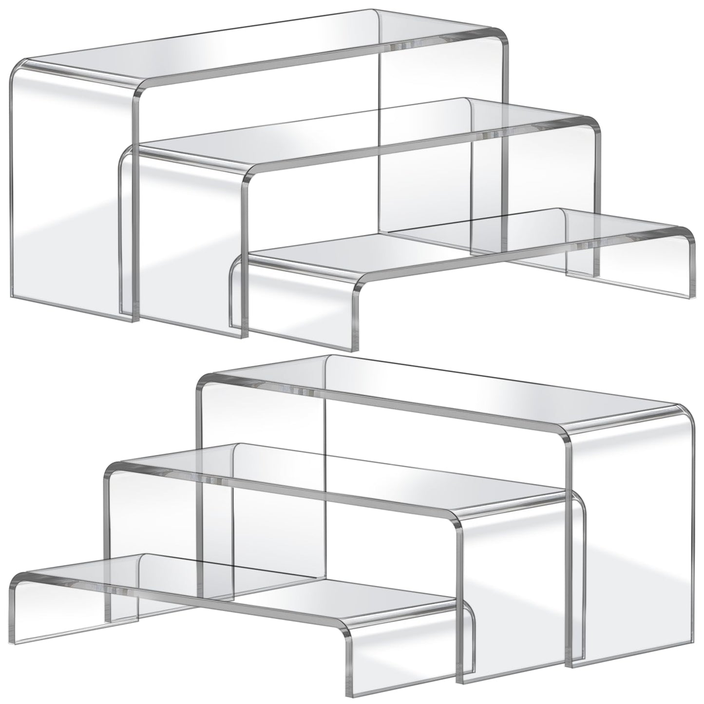 FUNFERY Acrylic Display Risers,2 Sets(7.8" L~8.2" L~8.6" L) Display Stand Shelf for Figure,Collectibles,Cupcake,Clear Acrylic Risers for Displays Case Cabinet,Dessert Table,Shelf Riser for Decor,Food