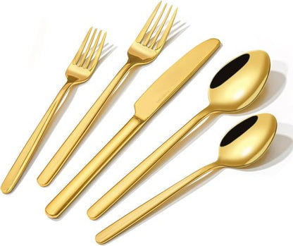 KINGSTONE 20-Piece Gold Silverware Set | 18/10 Stainless Steel, Mirror Polished, Dishwasher Safe for Home & Events