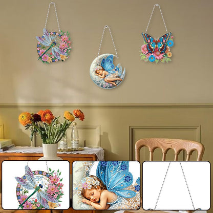 C'eitura 3Pcs 5D DIY Acrylic Fairy Dragonfly Butterfly Diamond Art Painting Hanging Pendants,Double-Sided Rhinestone Crystal Craft for Garden, Window, and Home Decor