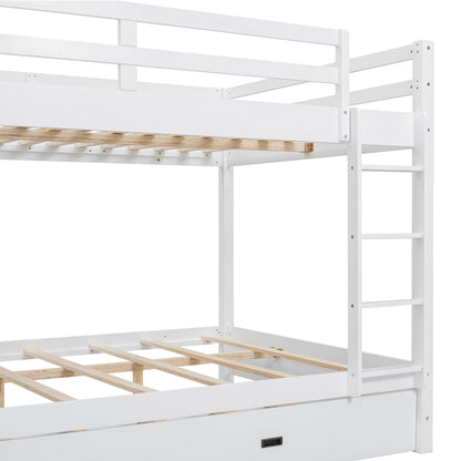 Merax Modern Queen Over Queen Size Wood Bunk Bed with Ladder and Twin XL Trundle, No Box Spring Required, Space-Saving, White
