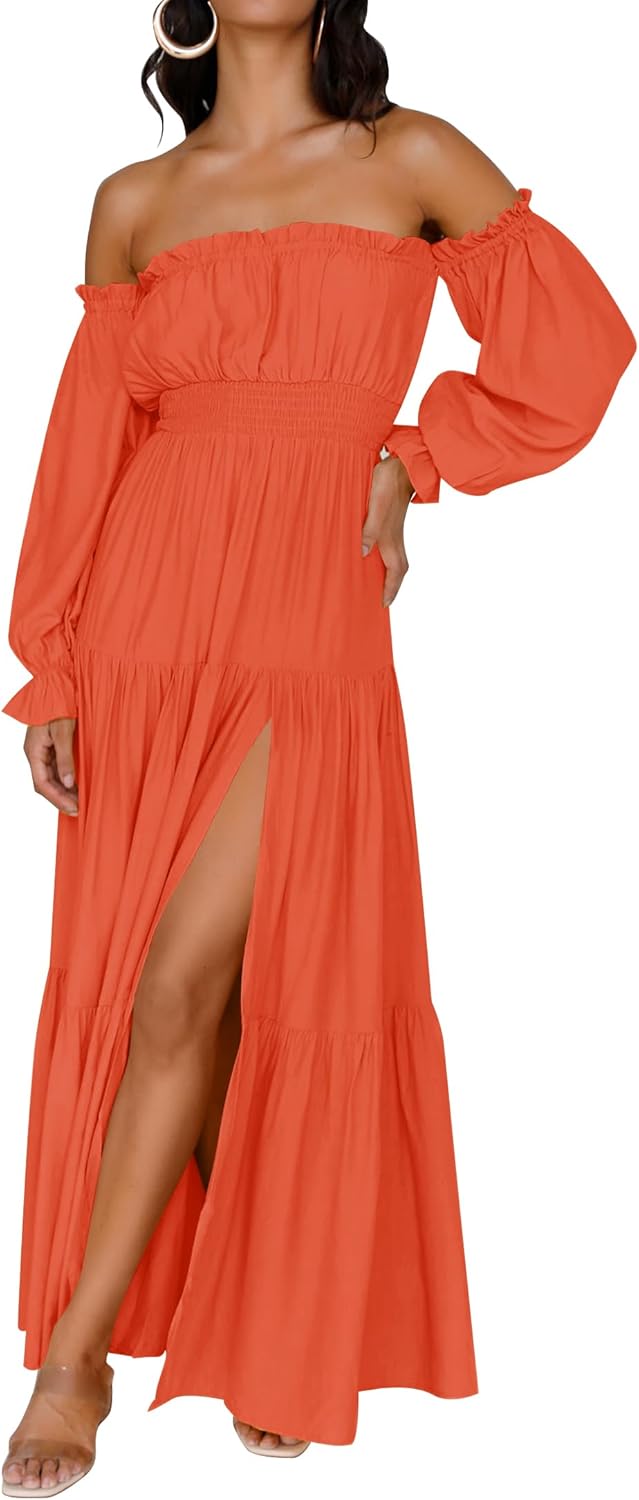 ZESICA Women's 2025 Boho Sexy Off Shoulder Long Sleeve Smocked High Waist Side Split Flowy A Line Tiered Long Maxi Dress
