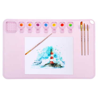 PATIKIL 24" x 16" Silicone Craft Mat, Nonstick Silicone Painting Sheets Art Mats for Resin Drawing DIY Clay, with 12 Color Dividers Brush Holder and Cleaning Cup, Pink
