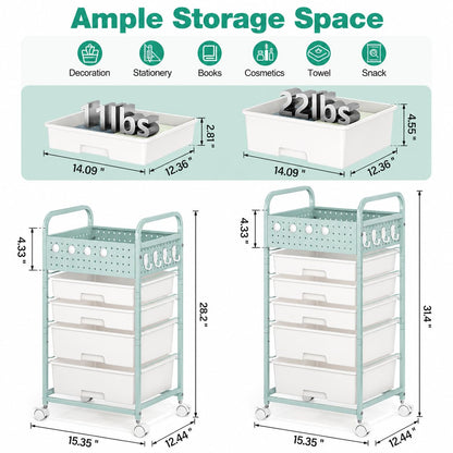 5 Drawer Rolling Storage Cart with Pegboard Top and Hooks, Mobile Utility Organizer with Wheels for Office Supplies, Craft Storage, Classroom Organization, Home Storage Cart, Green