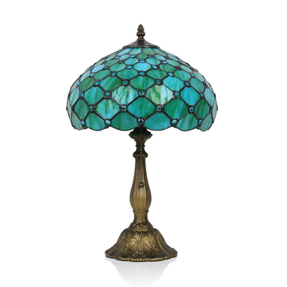 TFNALNB Tiffany Lamp, W12H19 Inch Sea Blue Pearl Style Stained Glass Table Lamp, Antique Desk Light with Resin Base, Art Decor Table Lamp