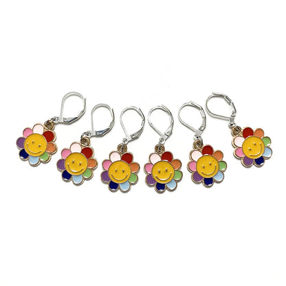 Pretty Warm Designs Retro Flower Faces Locking Stitch Markers - Y2K Kawaii Boho Yarn Accessories for Crochet and Knitting - Set of 6 Handmade Pieces in Hinged Organizer Tin