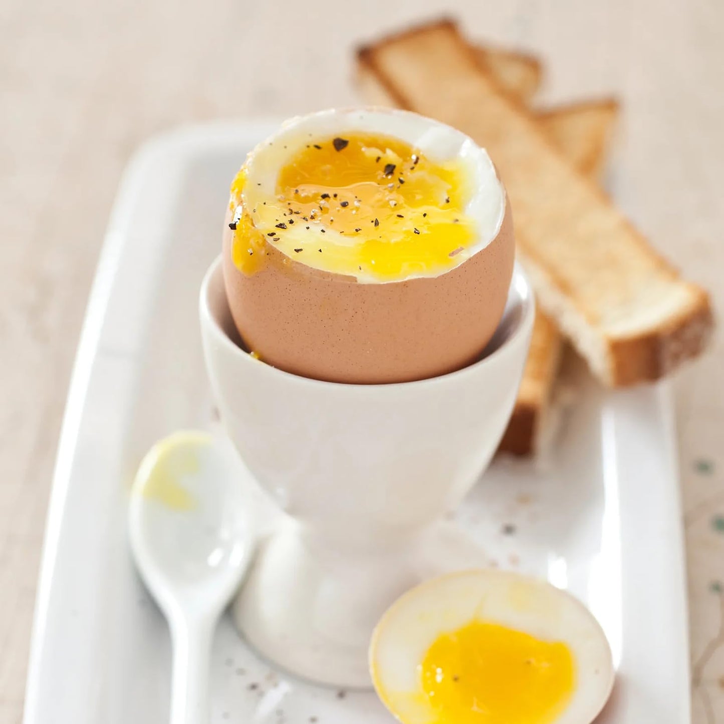 RHAFAYRE Egg Holder for Boiled Eggs, 6 Pack Porcelain Egg Cups with Spoons for Soft Hard Boiled Eggs Breakfast Dinner, 3.5" White