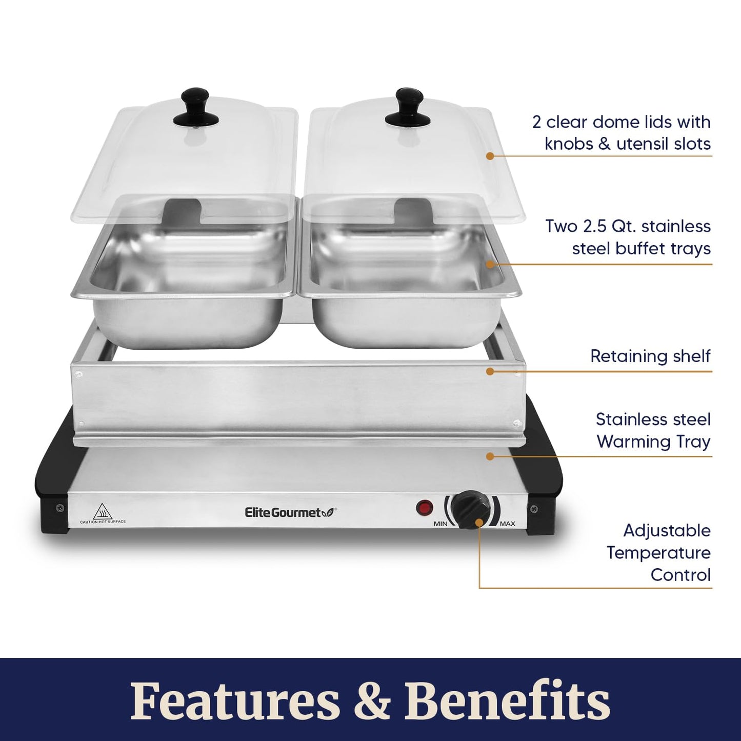 Elite Gourmet EWM-6122 Dual 2 x 2.5 Qt. Trays, Buffet Server, Food Warmer Temperature Control, Clear Slotted Lids, Perfect for Parties, Entertaining & Holidays, 5 Qt Total, Stainless Steel