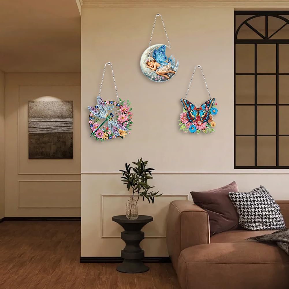 C'eitura 3Pcs 5D DIY Acrylic Fairy Dragonfly Butterfly Diamond Art Painting Hanging Pendants,Double-Sided Rhinestone Crystal Craft for Garden, Window, and Home Decor