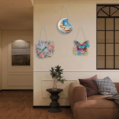 C'eitura 3Pcs 5D DIY Acrylic Fairy Dragonfly Butterfly Diamond Art Painting Hanging Pendants,Double-Sided Rhinestone Crystal Craft for Garden, Window, and Home Decor