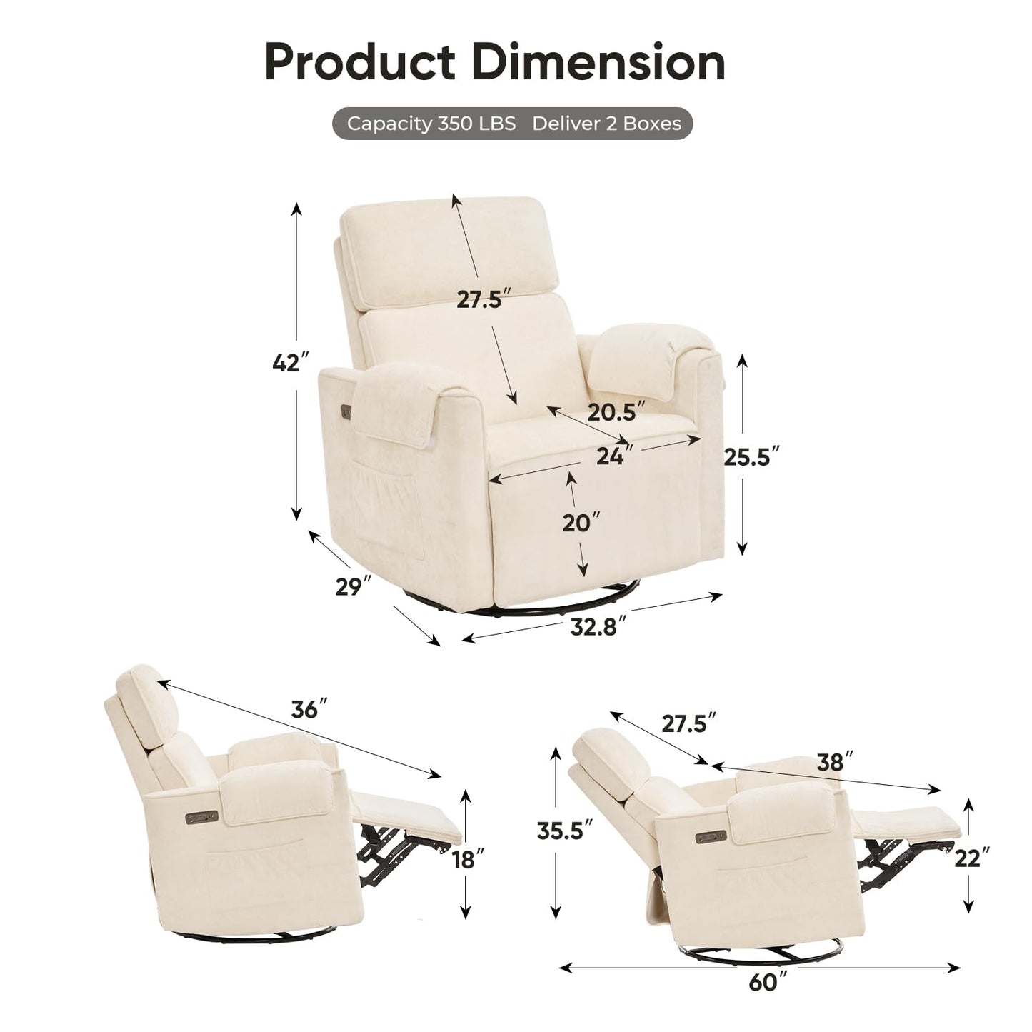 Rhevoy 24" Extra Wide Swivel Rocker Recliner Chair with Adjustable Headrest, Oversized Power Rocker Recliner with Overstuffed Armrest, Chenille Rocking Chair Nursery with USB Ports, Cream