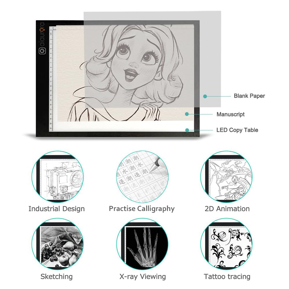 AIAURORA Upgraded A4 LED Light Tracing Drawing Board, Ultra-Thin Dimming USB Power Art Craft Scaled LED Light Pad for Tattoo Drawing, Diamond Painting, Streaming, Sketching, Stenciling (A4-New)