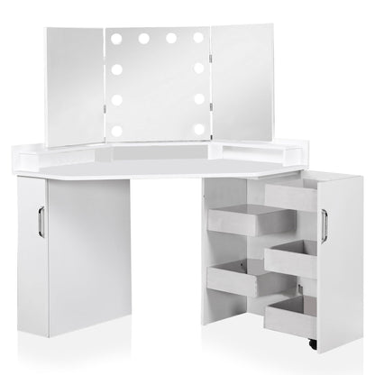 Furniture of America Sebastian Glam Solid Wood Vanity Set, Include Multiple Drawers Table and Mirror with 10 Bulbs for Bedroom, Dressing Room, Bathroom, Guest Room, White