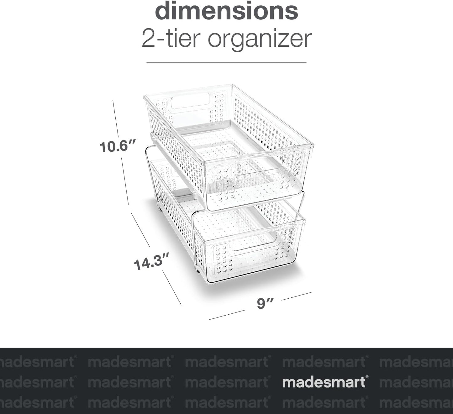 madesmart 2-Tier Multi-Purpose Slide-Out Storage Organizer with Handles and Dividers, BPA Free, Clear, Pack of 1