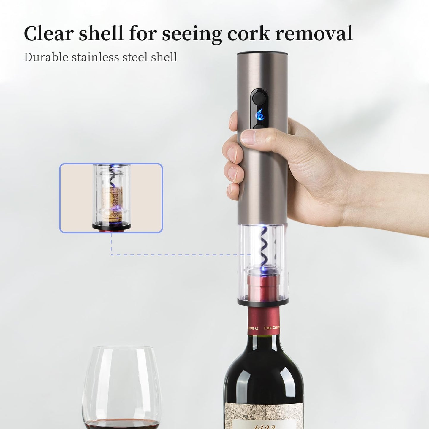 4 Battery Operated Electric Wine Opener by ELMWAY - Stainless Steel Electric Corkscrew with LED Light & Foil Cutter