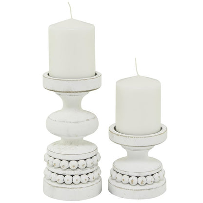 Deco 79 Wood Decorative Candle Holder Beaded Pillar Candle Stand, Set of 2 Candlestick Holder 8", 4"H, White