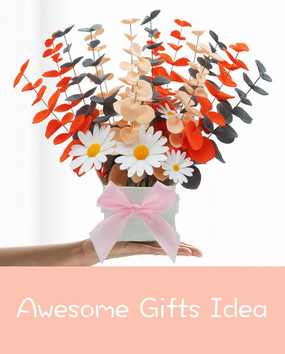 BAZIMA Felt Eucalyptus Daisy Bouquet,Felt Flowers,Multi-Color Felt Leaves,DIY Bouquet,Artificial Flower Bouquet with Flower Pot,Floral Gifts,15 Eucalyptus and 8 Daisies (Orange Gray Light Yellow)