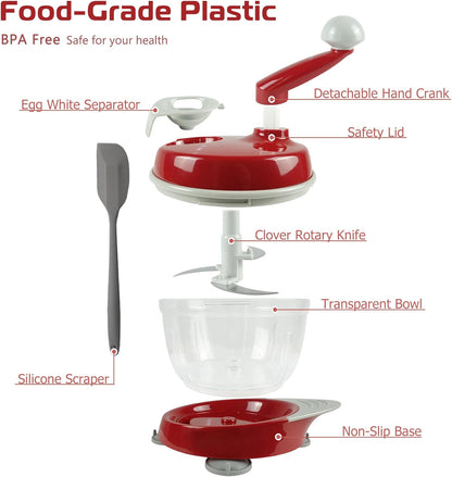 Manual Food Processor, Hand Powered Crank Chopper, Vegetable, Meat, Fruits, Onions Blender Mixer