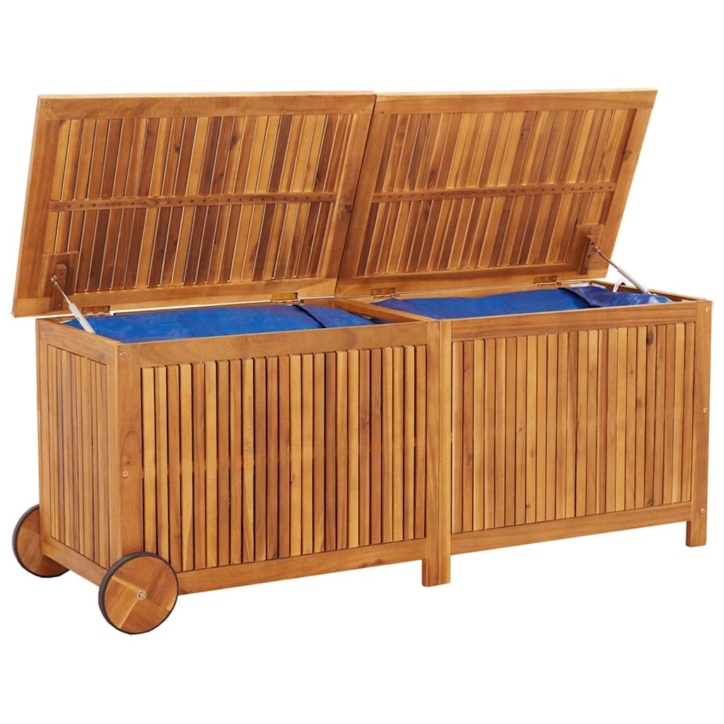 RCODSSK Solid Wood Acacia Patio Storage Box with Wheels, 59.1x19.7x22.8 Inch Outdoor Cushion Box for Garden Furniture and Toys