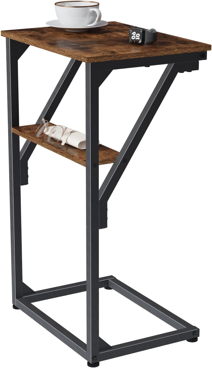 NEFROM ET-D-BRW1 C-Shaped End Table, Small Couch Side Table, Sofa TV Tray Table for Living Room, Bedroom, Bedside