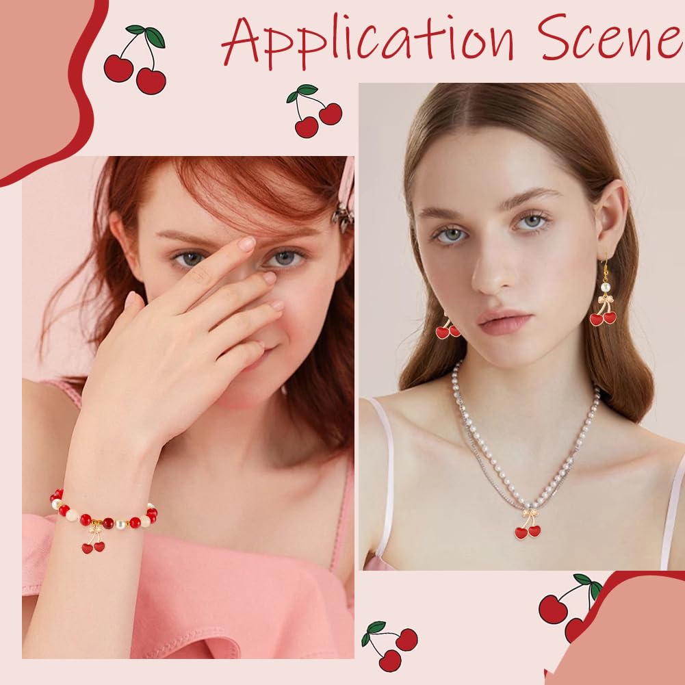 SUNNYCLUE 1 Box 30Pcs Enamel Fruits Charms Bulk Red Cherry Charm Gold Alloy Bowknot Design Mini Cute Food Cartoon Cherries Pendants for Jewelry Making Bracelets Necklace Earring DIY Crafts Accessories