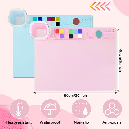 MEKOTRIN 2PCS Silicone Painting Mat, 20"X16" Art Mat with Cup and Palettes, Silicone Craft Mat has 16 Color Dividers, Paint Mat for Artist Clay DIY Creations(Pink+Blue)