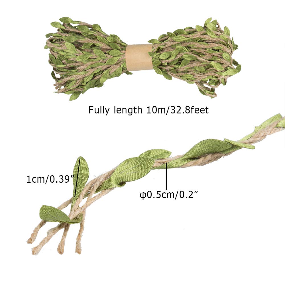 YuCool 98 Feet 5MM Burlap Leaf Ribbon, Natural Wall Hanging Jute Vine Twine with Artificial Green Leaves for Rustic Wedding,Home,Garden,Jungle Party Decorations and DIY Crafts Decor(3 Rolls)
