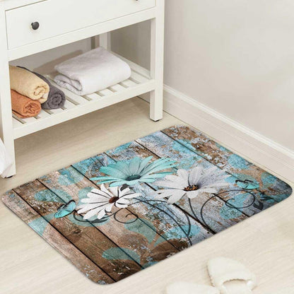 Farmhouse Floral Flower Bath Mat, Teal Daisy Rustic Wooden Plank Non-Slip Soft Doormat for Indoor Outdoor