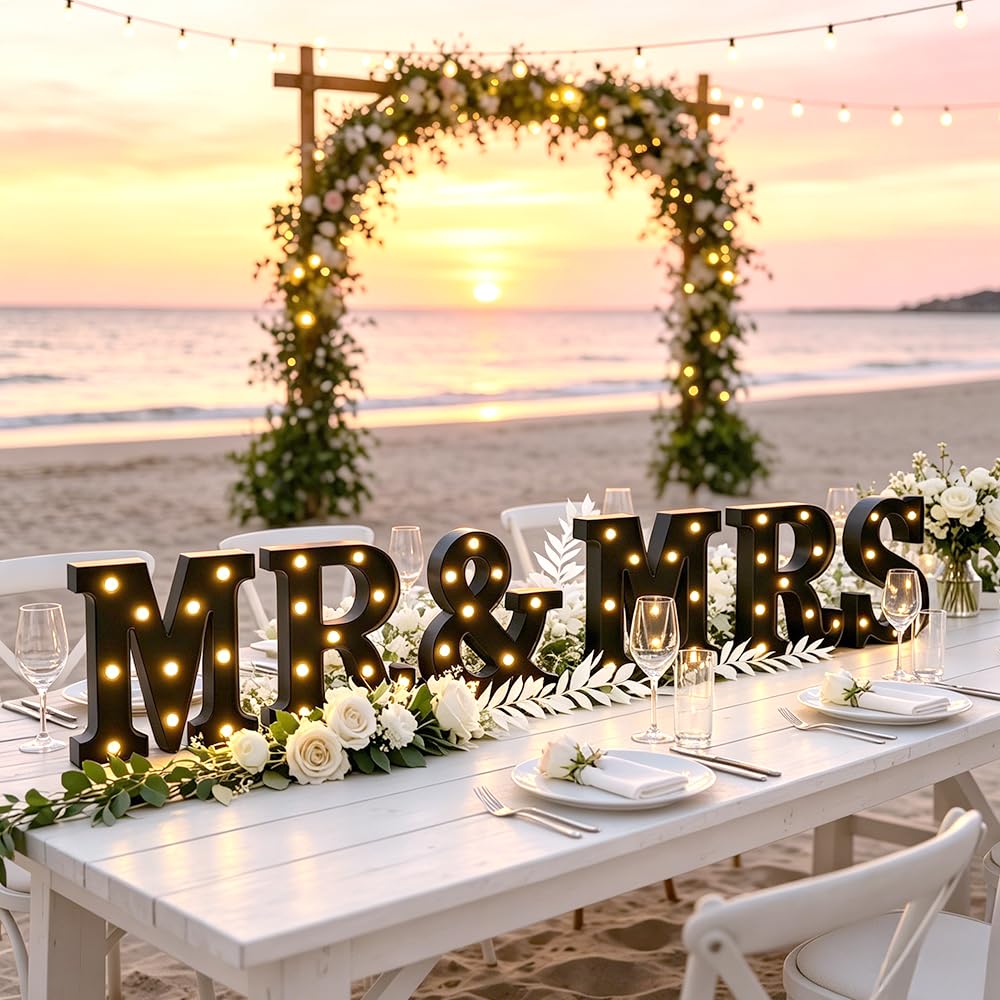 CDIXlmuz Mr & Mrs LED Light Up Letters, Mr & Mrs Sign for Wedding Table, Black LED Marquee Letter Lights Engagement Wedding Decoration, Photo Props, Valentine's Day Anniversary, Battery Operated