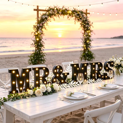 CDIXlmuz Mr & Mrs LED Light Up Letters, Mr & Mrs Sign for Wedding Table, Black LED Marquee Letter Lights Engagement Wedding Decoration, Photo Props, Valentine's Day Anniversary, Battery Operated