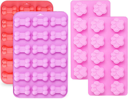 Silicone Molds Puppy Dog Paw and Bone, Non-Stick Food Grade Molds for Chocolate, Candy, and Cupcake Baking (Set of 4)