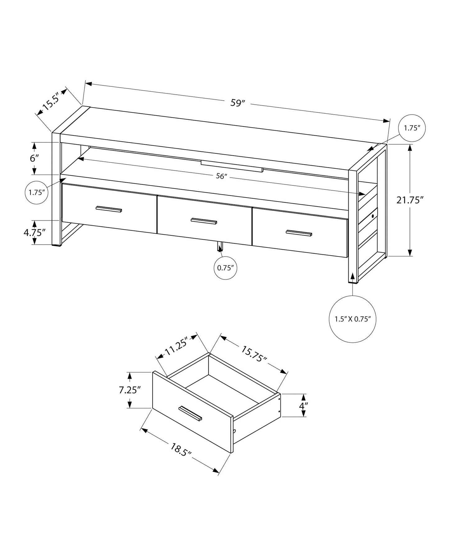 Monarch Specialties TV Stand-Console with 3 Drawers and Shelves-Industrial Modern Style Entertainment Center with Metal Legs, 60" L, Black Reclaimed Wood Look
