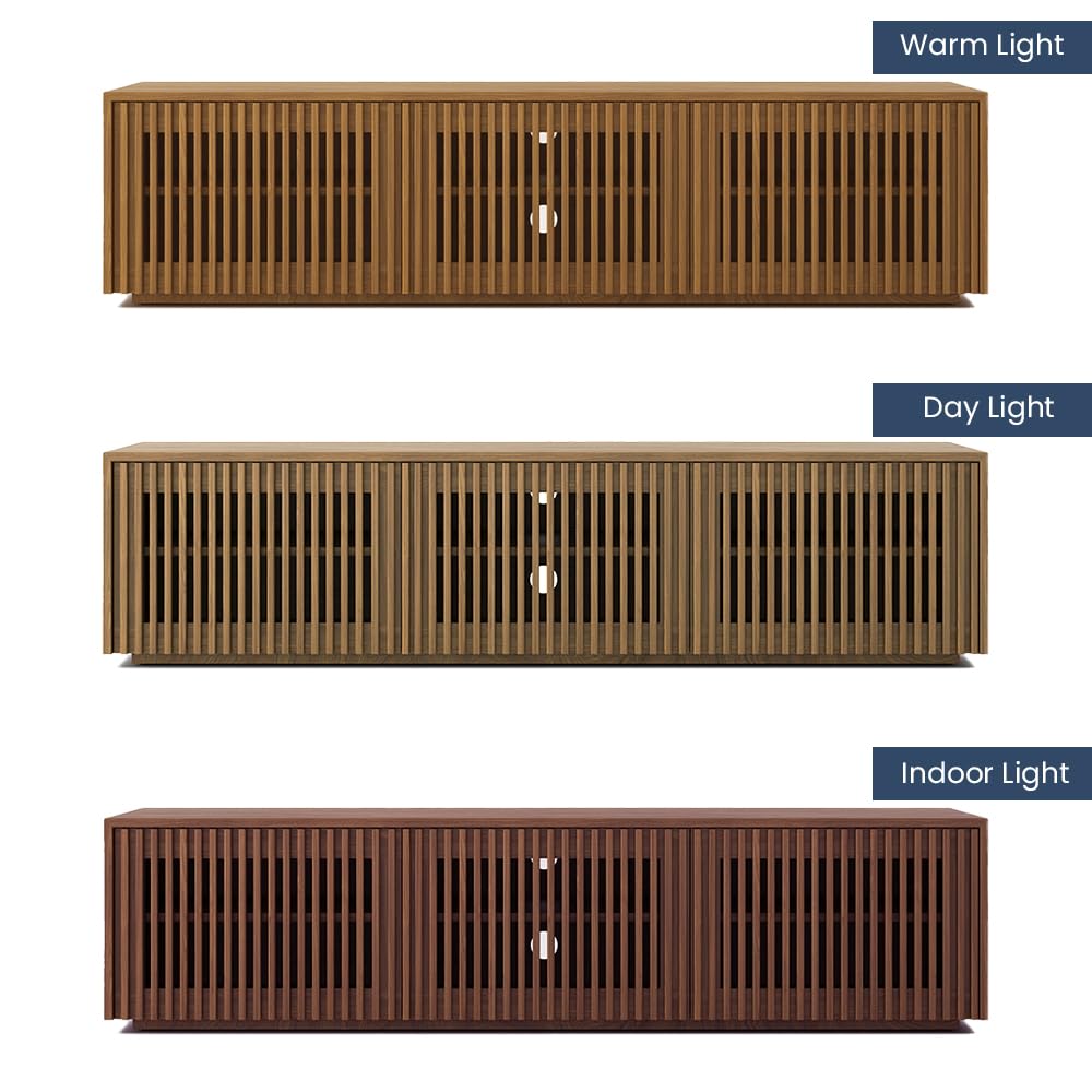 POVISON Full Assembled Mid Century Modern TV Stand, Wood Slatted Media Console for 65 inch TV, Entertainment Center with Storage for Living Room, Low Cabinet with Removable Shelves