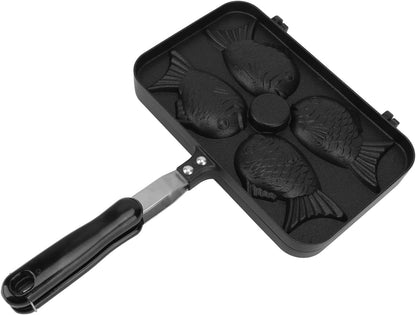 Taiyaki Pan, Non-Stick Double Sided Frypan with 4 Grids, Black Anti-Scalding Handle, Fish Shape Aluminium Waffle Maker
