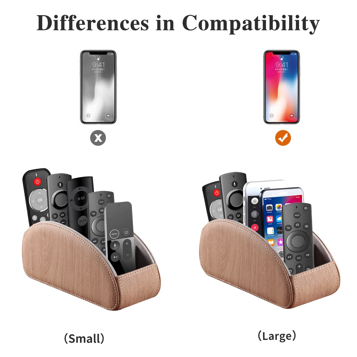 All-in-One Leather TV Remote Control Holder with 5 Compartments Nightstand Desktop Air Conditioner Media Player Remote Caddy Storage Box Organizer Tray For Makeup Brush Pen Stationary Table Controller