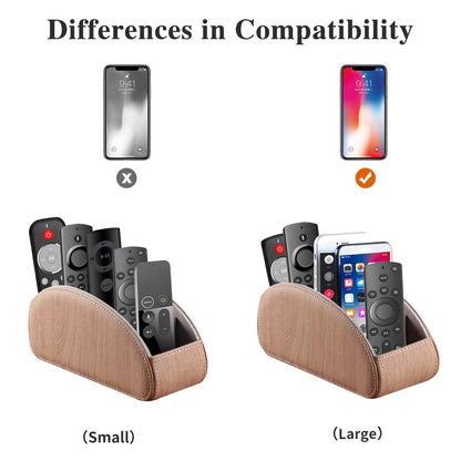 All-in-One Leather TV Remote Control Holder with 5 Compartments Nightstand Desktop Air Conditioner Media Player Remote Caddy Storage Box Organizer Tray For Makeup Brush Pen Stationary Table Controller