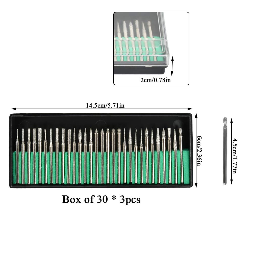 OctBird 90 Pcs Diamond Burr Bits Drill Kit for Engraving Carving Rotary Tool, 1/8"(3mm) Shank, for Glass, Gemstone, Metal