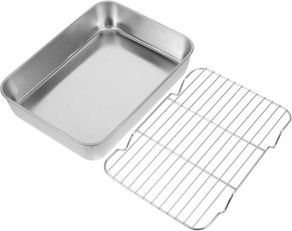PRETYZOOM Grill Pan Set with Lid, Baking Pan with Roasting Rack, Metal Baking Tray for BBQ Grills