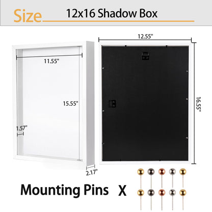 12x16 Large Shadow Box Frame | Soft Linen Back & Push Pins Included, Polystyrene Glass Memory Display Case for Flowers, Tickets & Cherished 3D Items, White