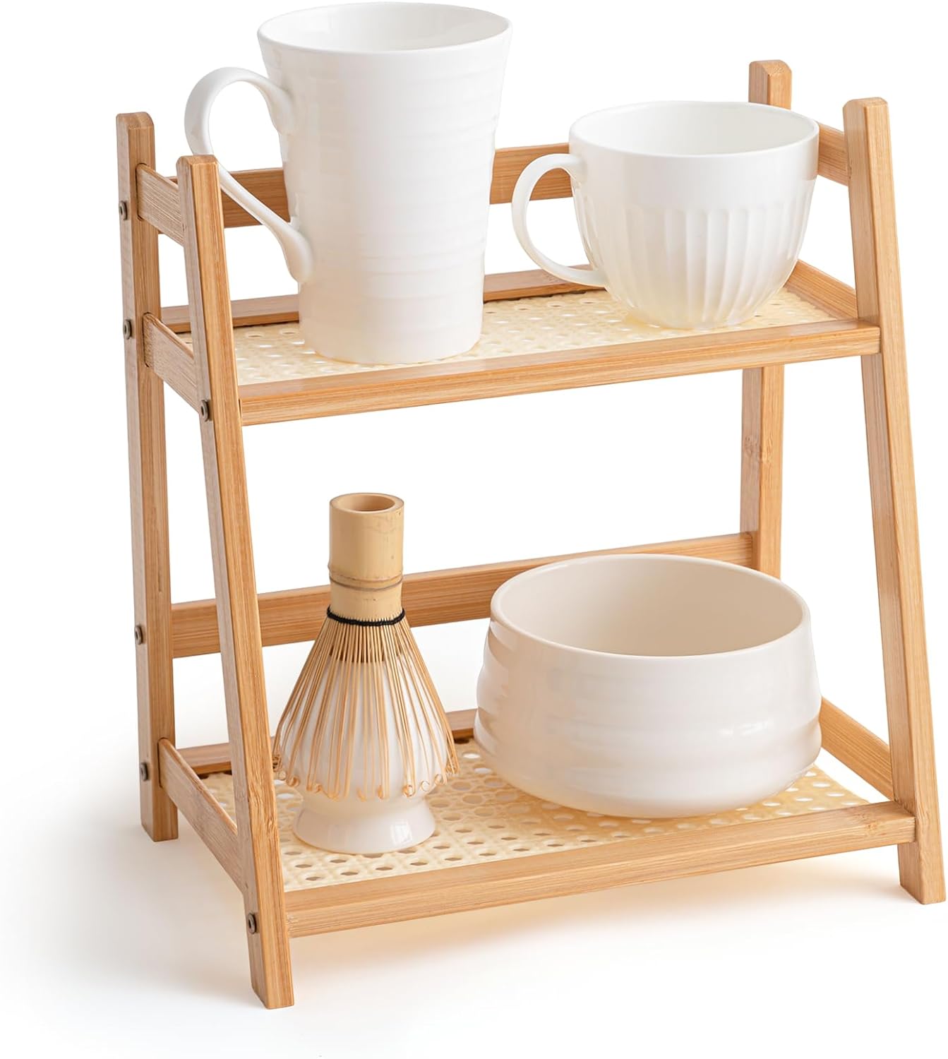 1 2 Countertop Display(Wood,10.2 Inch) Yalikop Pcs Tier Matcha Station Shelf Bamboo Coffee Mug Stand Storage Rack