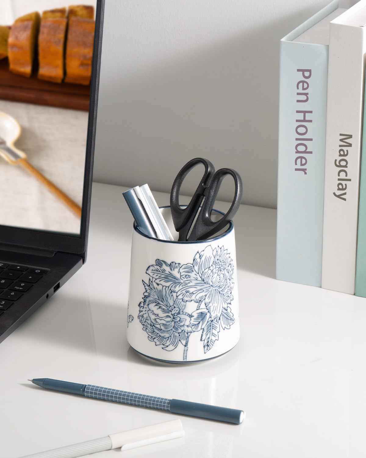 Magclay Pencil Holder for Desk, Ceramic Pen Holder, Blue and White Chinoiserie Desk Pen Organizer, Flowers and Branches