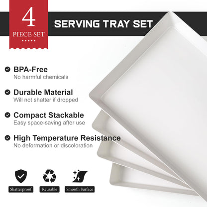 4-Pack Plastic 16" x 11" Large White Serving Trays Set - Reusable Serving Platters for Cookie, Appetizer, Charcuterie, Snack, Dessert, Party Food Display - Stackable Kitchen CounterTop Tray, BPA Free
